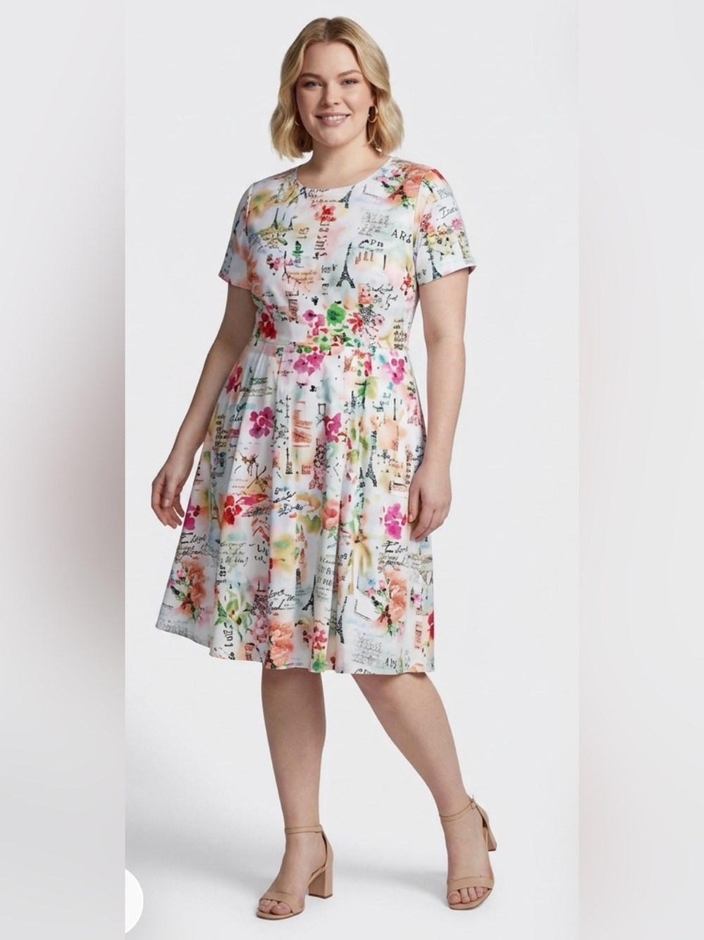 Karl Lagerfeld Floral Paris Print Short Sleeve A-Line Shirt Dress - Sz 20W